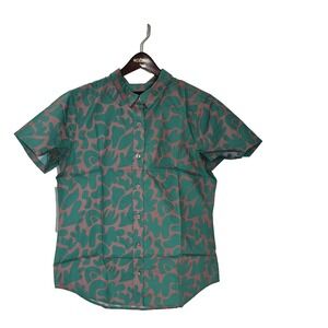 Wildfang Top Womens L Green Abstract The Essential Button UP Short Sleeve NEW